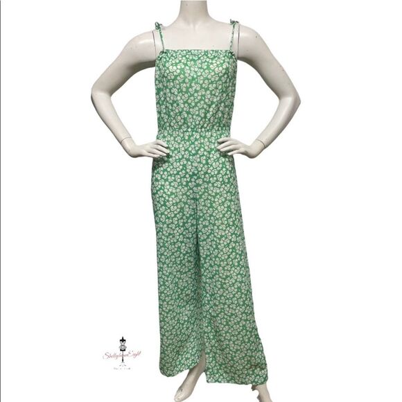 VINTAGE Handmade 70s 80s OOAK Green Polyester Floral SpaghettiStrap Jumpsuit S M - Picture 4 of 16